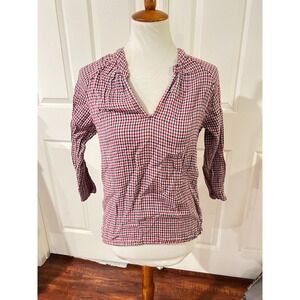Velvet by Graham Spencer Red Blue Gingham V-Neck Top Sz S Cottage Preppy Gauze